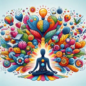Une image colorée et joyeuse illustrant le développement personnel et la croissance intérieure, avec des éléments représentant la méditation, la pleine conscience, l’apprentissa (1)